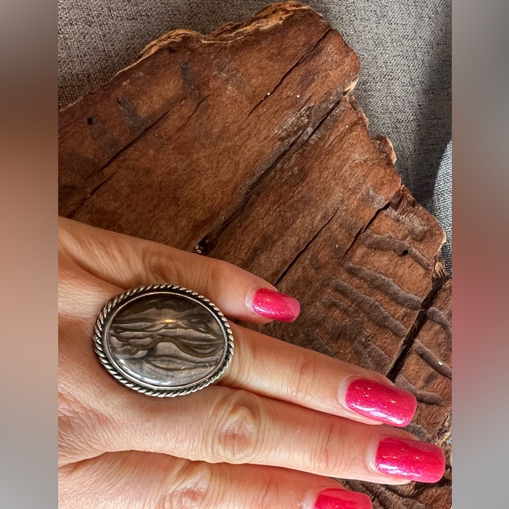Navajo Native American Brown Agate Ring Large Oval Rope Sterling 6.5